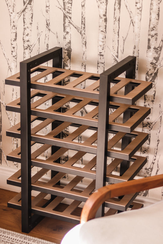 Veneto Wine Rack 36 Bottle | Black Aluminum Frame Oak Shelves